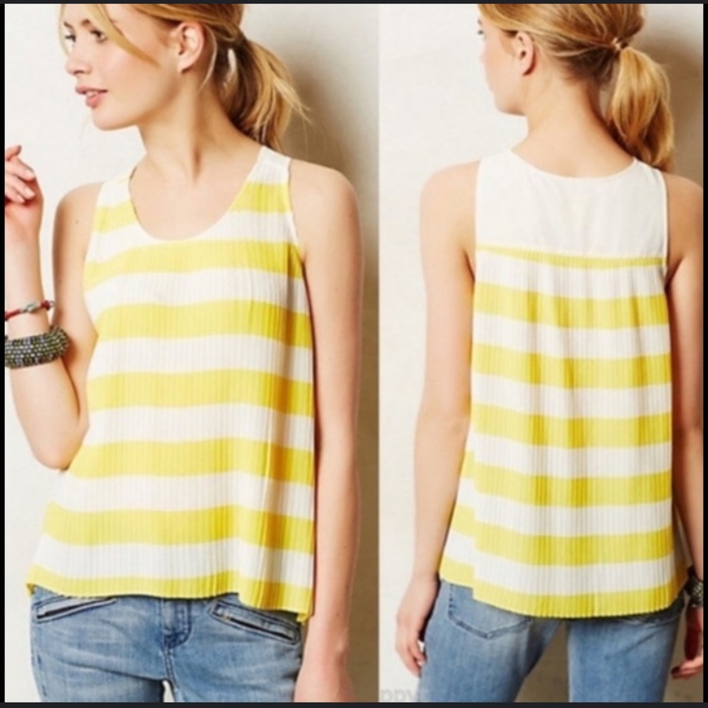 Maeve Anthropologie Yellow & White Striped Pleated Swing Tank Top Blouse Size: 4